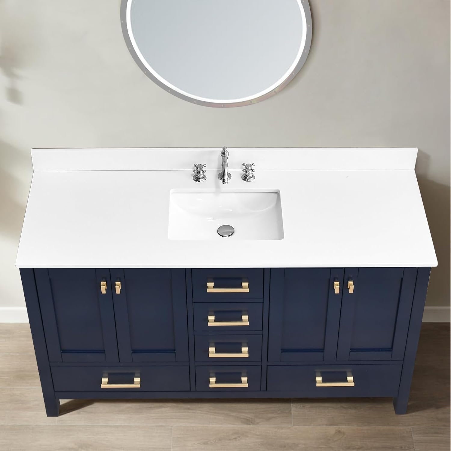60'x22' Vanity Sink Top, Solid White Quartz Stone Vanity Top Single Bowl Sink 8 Inch Faucet Hole Spacing with Backsplash Countertops for Bathroom