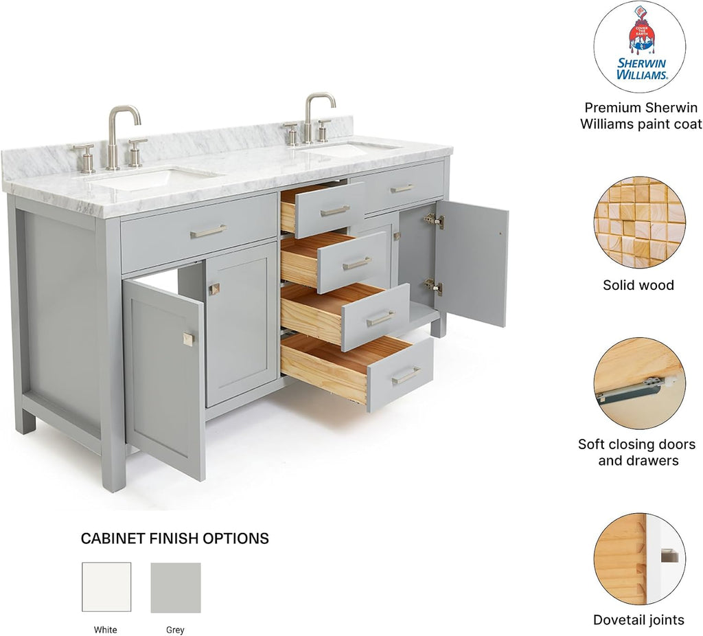 DKB Alenza 72 Inch Bathroom Vanity Double Sink — Grey Bathroom Vanity with Sink, 1.5' Edge Italian Carrara Marble Countertop & Backsplash, 4 Soft-Close Doors, 4 Dovetail Drawers