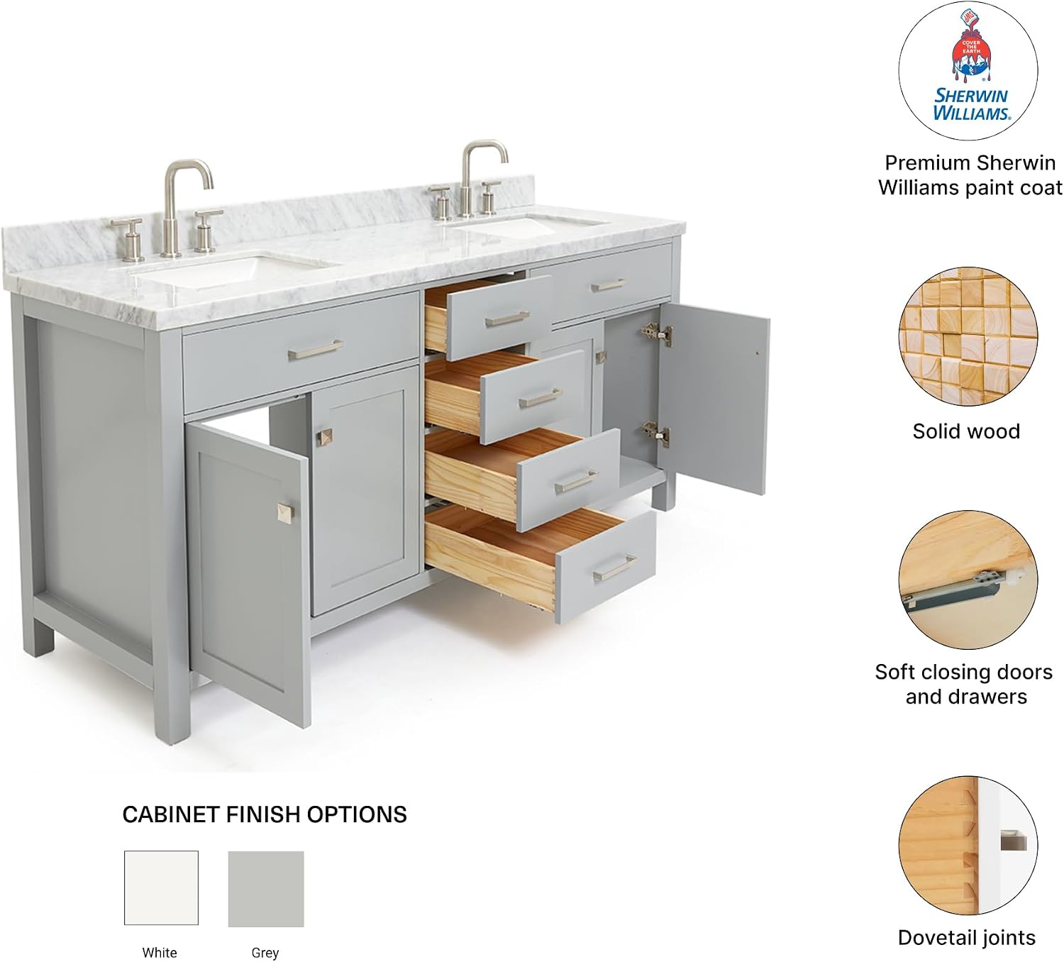 DKB Alenza 72 Inch Bathroom Vanity Double Sink — Grey Bathroom Vanity with Sink, 1.5' Edge Italian Carrara Marble Countertop & Backsplash, 4 Soft-Close Doors, 4 Dovetail Drawers