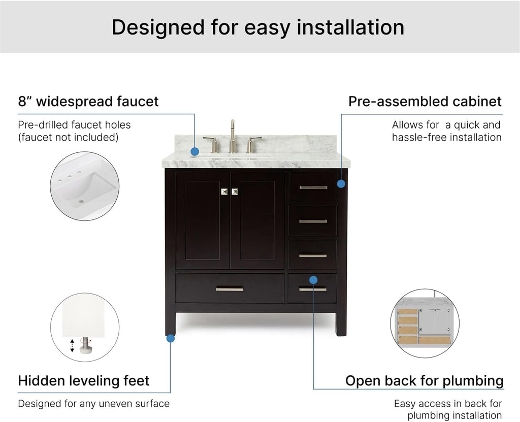 ARIEL Cambridge 36-inch Bathroom Vanity with Sink,Solid Wood, 1.5-inch Italian Carrara Marble Countertop, Single Rectangular Porcelain Sink, 2 Soft Closing Doors, 5 Dovetail Drawers, Espresso