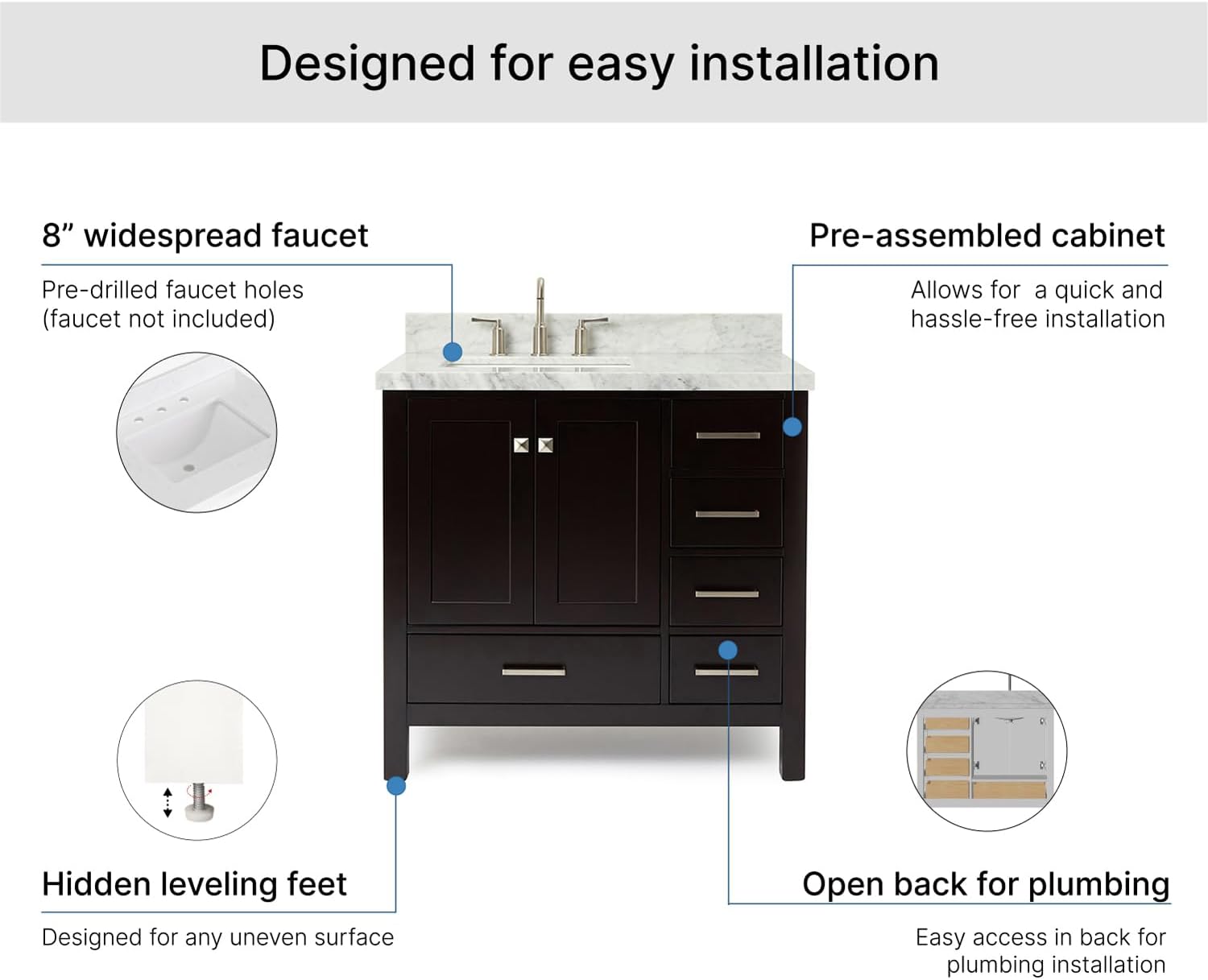 ARIEL Cambridge 36-inch Bathroom Vanity with Sink,Solid Wood, 1.5-inch Italian Carrara Marble Countertop, Single Rectangular Porcelain Sink, 2 Soft Closing Doors, 5 Dovetail Drawers, Espresso