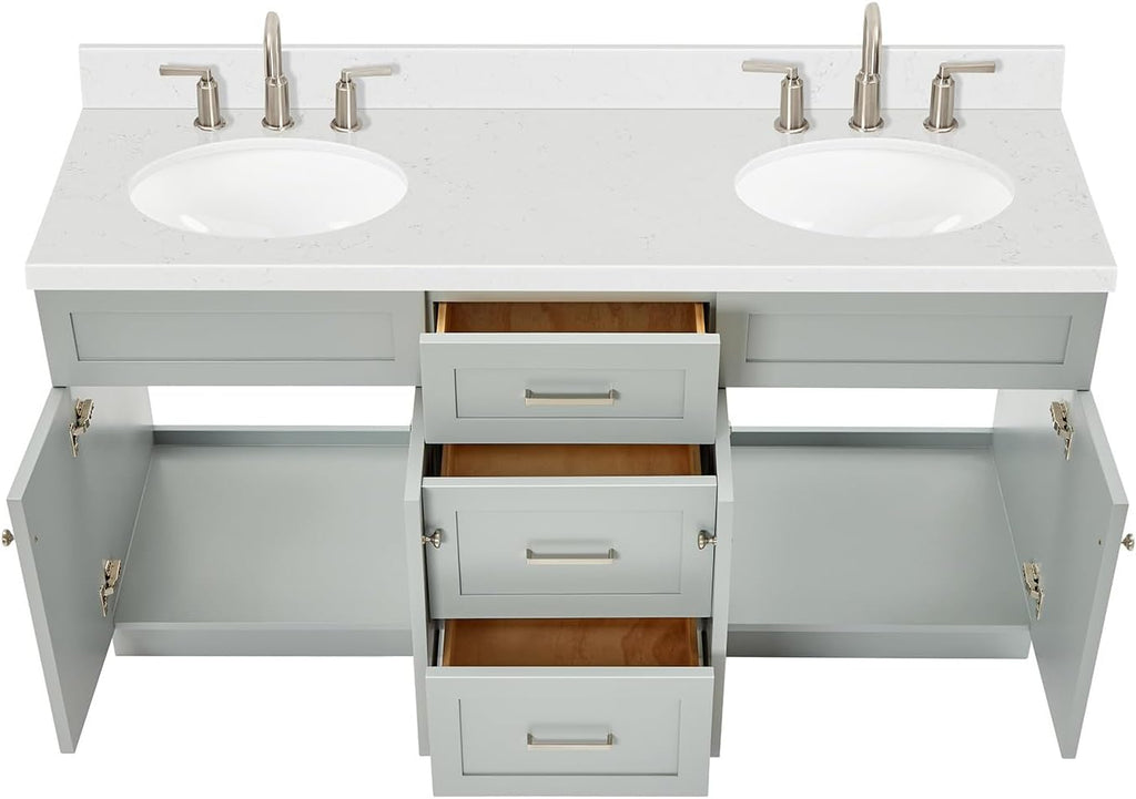 ARIEL Hamlet 66-inch Bathroom Vanity with Sink,Solid Wood, 1.5-inch Carrara White Quartz Countertop & Backsplash, Double Oval Porcelain Sink, 4 Soft Closing Doors, 3 Dovetail Drawers, Grey