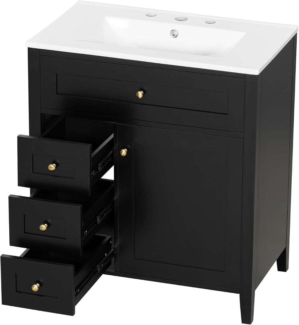 30-inch Bathroom Vanity with Sink Combo, Free-Standing Single Storage Cabinet with Tilt-Out Drawer, 3 Drawers, Adjustable Shelf & Storage Rack, Vanity with Ceramic Basin for Bathroom (Black)