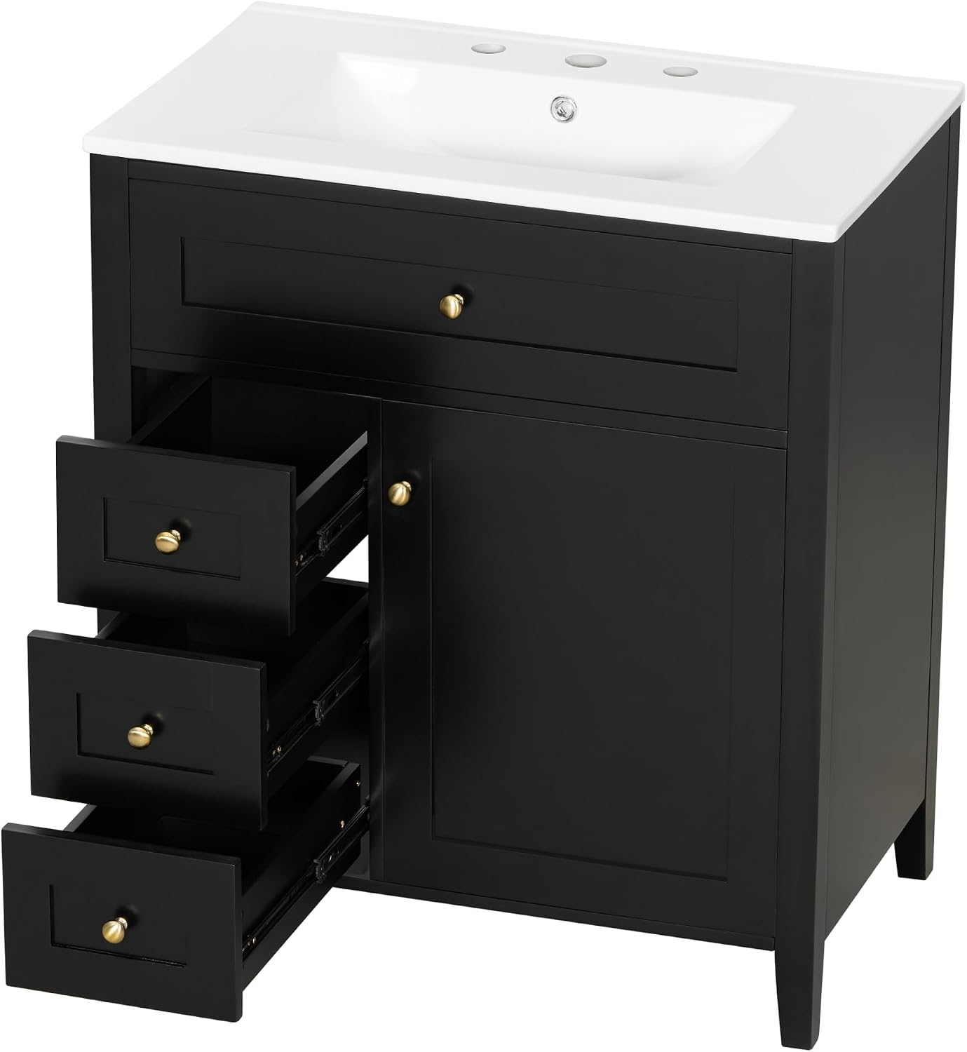 30-inch Bathroom Vanity with Sink Combo, Free-Standing Single Storage Cabinet with Tilt-Out Drawer, 3 Drawers, Adjustable Shelf & Storage Rack, Vanity with Ceramic Basin for Bathroom (Black)