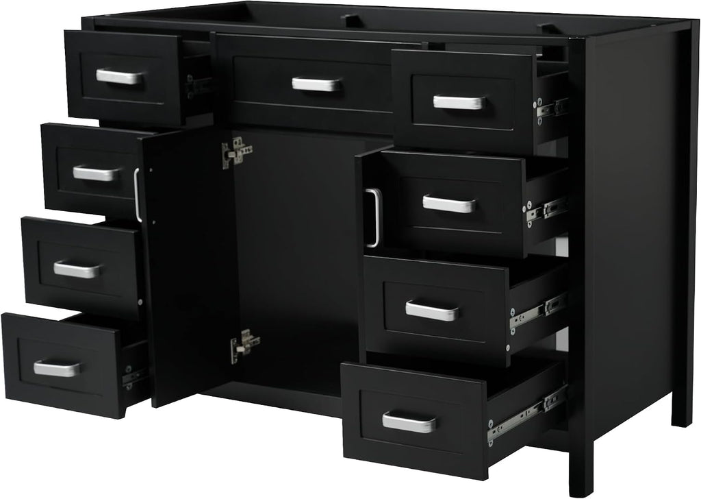 47' Bathroom Vanity Without Sink, Cabinet Only, 2 Doors and 8 Drawers, Soft Close System, Classic Design, Black