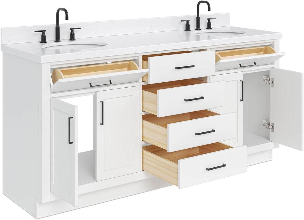 ARIEL Hepburn 72-inch Bathroom Vanity with Sink,Solid Wood, 1.5-inch Carrara White Quartz Countertop & Backsplash, Double Oval Porcelain Sink, 4 Soft Closing Doors, 6 Dovetail Drawers, White