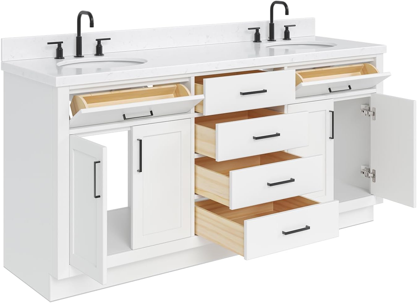 ARIEL Hepburn 72-inch Bathroom Vanity with Sink,Solid Wood, 1.5-inch Carrara White Quartz Countertop & Backsplash, Double Oval Porcelain Sink, 4 Soft Closing Doors, 6 Dovetail Drawers, White