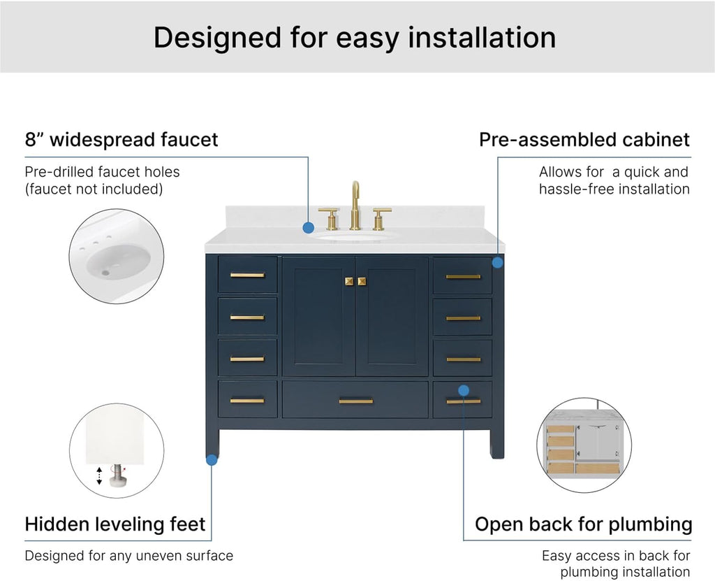 ARIEL Cambridge 48-inch Bathroom Vanity with Sink,Solid Wood, 1.5-inch Carrara White Quartz Countertop, Single Oval Porcelain Sink, 2 Soft Closing Doors, 9 Dovetail Drawers, Midnight Blue