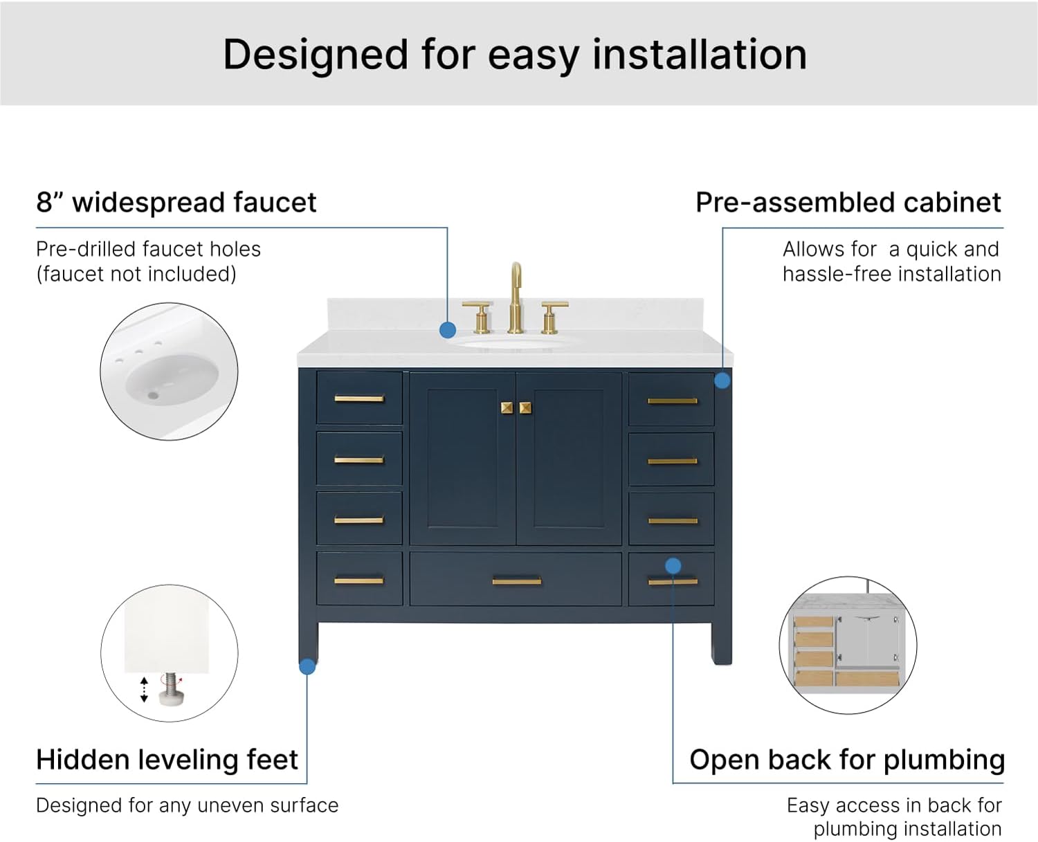 ARIEL Cambridge 48-inch Bathroom Vanity with Sink,Solid Wood, 1.5-inch Carrara White Quartz Countertop, Single Oval Porcelain Sink, 2 Soft Closing Doors, 9 Dovetail Drawers, Midnight Blue
