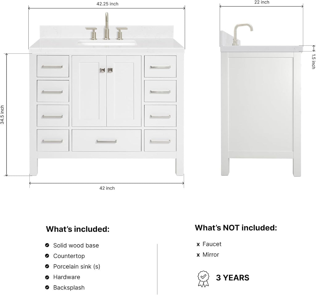 ARIEL Cambridge 42-inch Bathroom Vanity with Sink,Solid Wood, 1.5-inch Carrara White Quartz Countertop, Single Rectangular Porcelain Sink, 2 Soft Closing Doors, 9 Dovetail Drawers, White