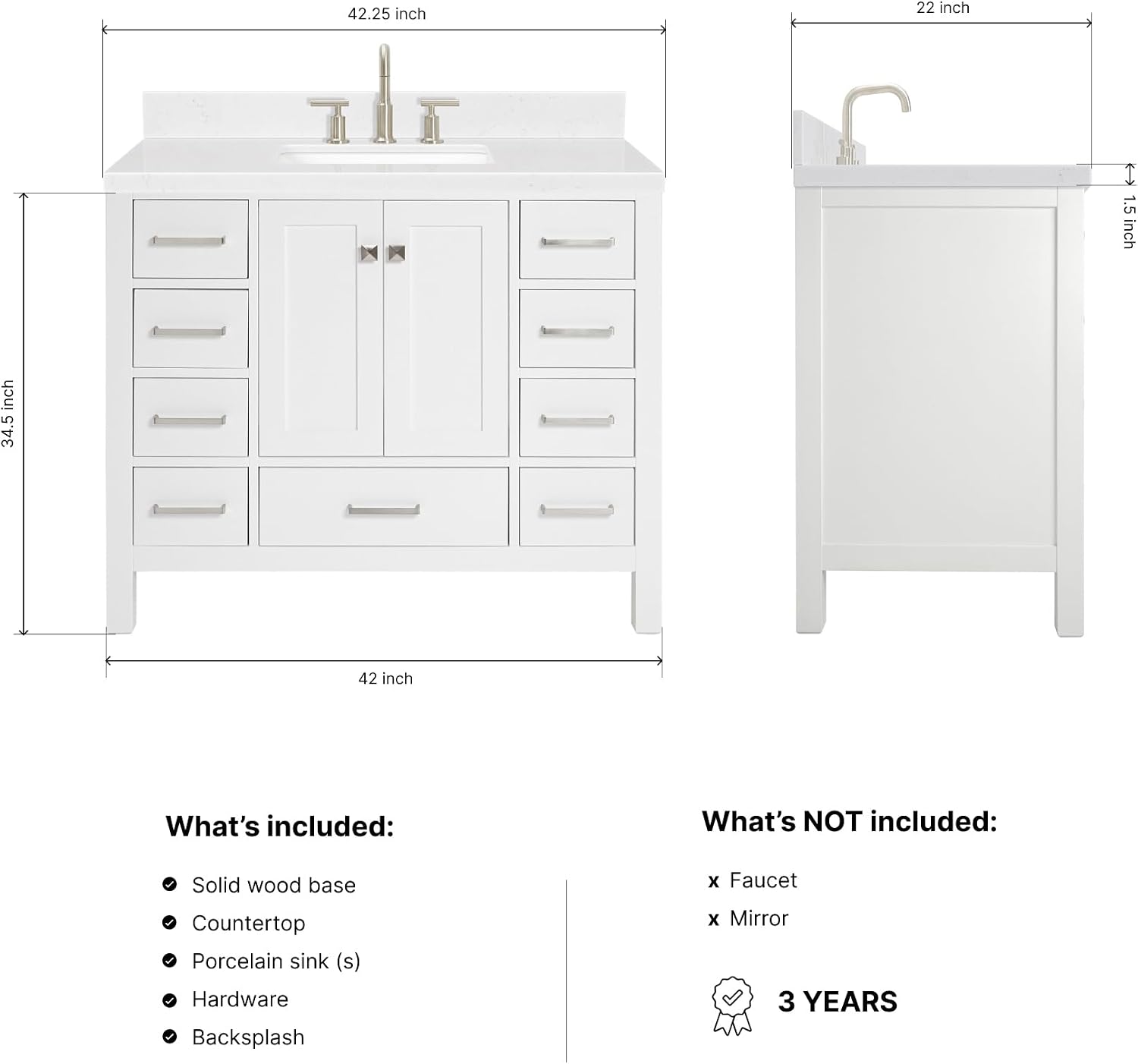 ARIEL Cambridge 42-inch Bathroom Vanity with Sink,Solid Wood, 1.5-inch Carrara White Quartz Countertop, Single Rectangular Porcelain Sink, 2 Soft Closing Doors, 9 Dovetail Drawers, White