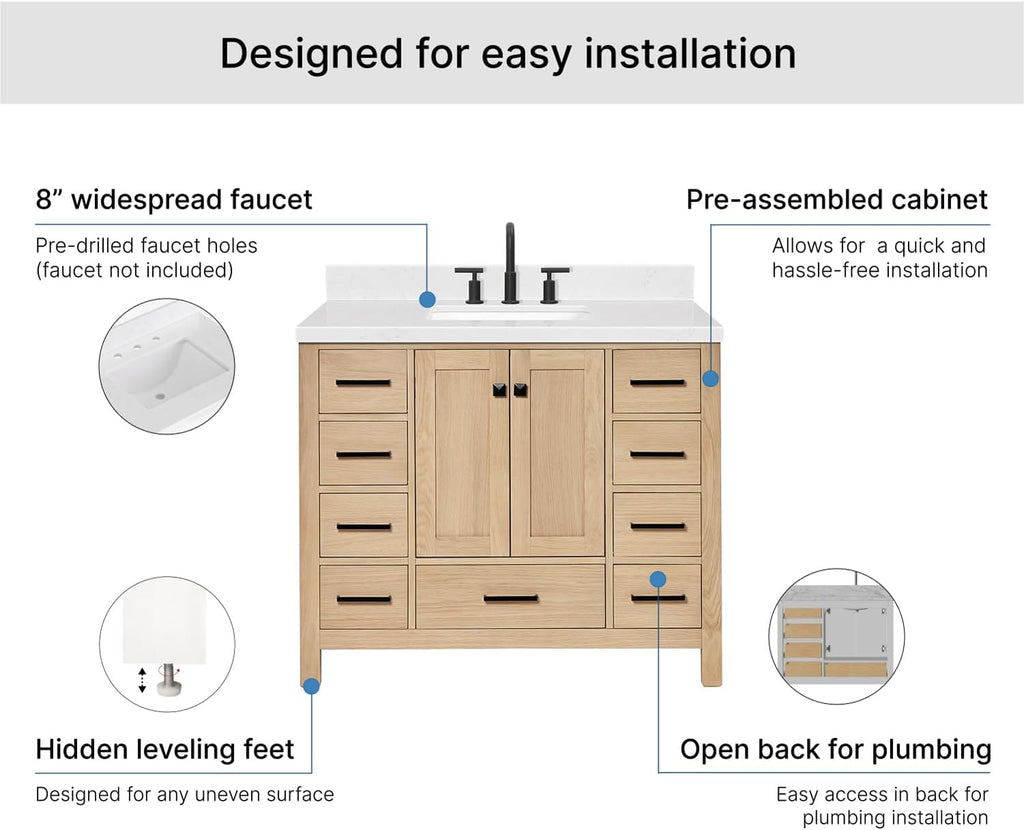 ARIEL Cambridge 42-inch Bathroom Vanity with Sink,Solid Wood, 1.5-inch Carrara White Quartz Countertop, Single Rectangular Porcelain Sink, 2 Soft Closing Doors, 9 Dovetail Drawers, White Oak