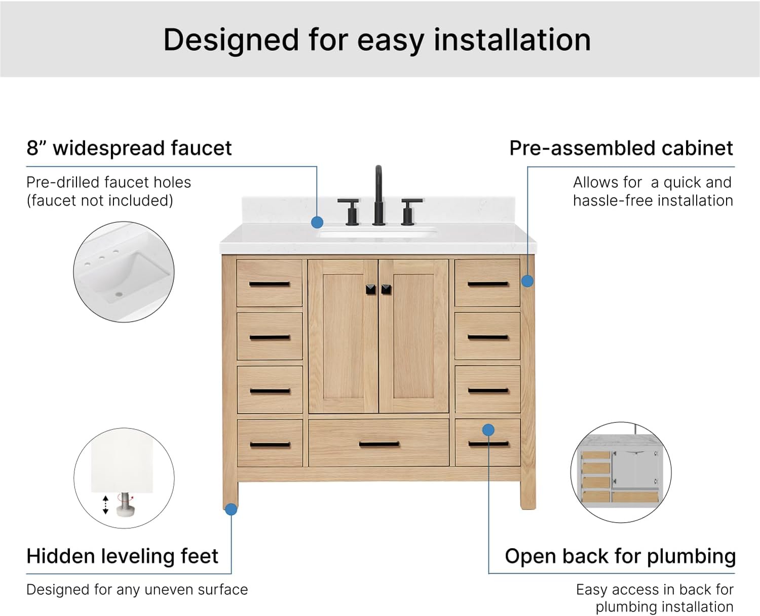 ARIEL Cambridge 42-inch Bathroom Vanity with Sink,Solid Wood, 1.5-inch Carrara White Quartz Countertop, Single Rectangular Porcelain Sink, 2 Soft Closing Doors, 9 Dovetail Drawers, White Oak