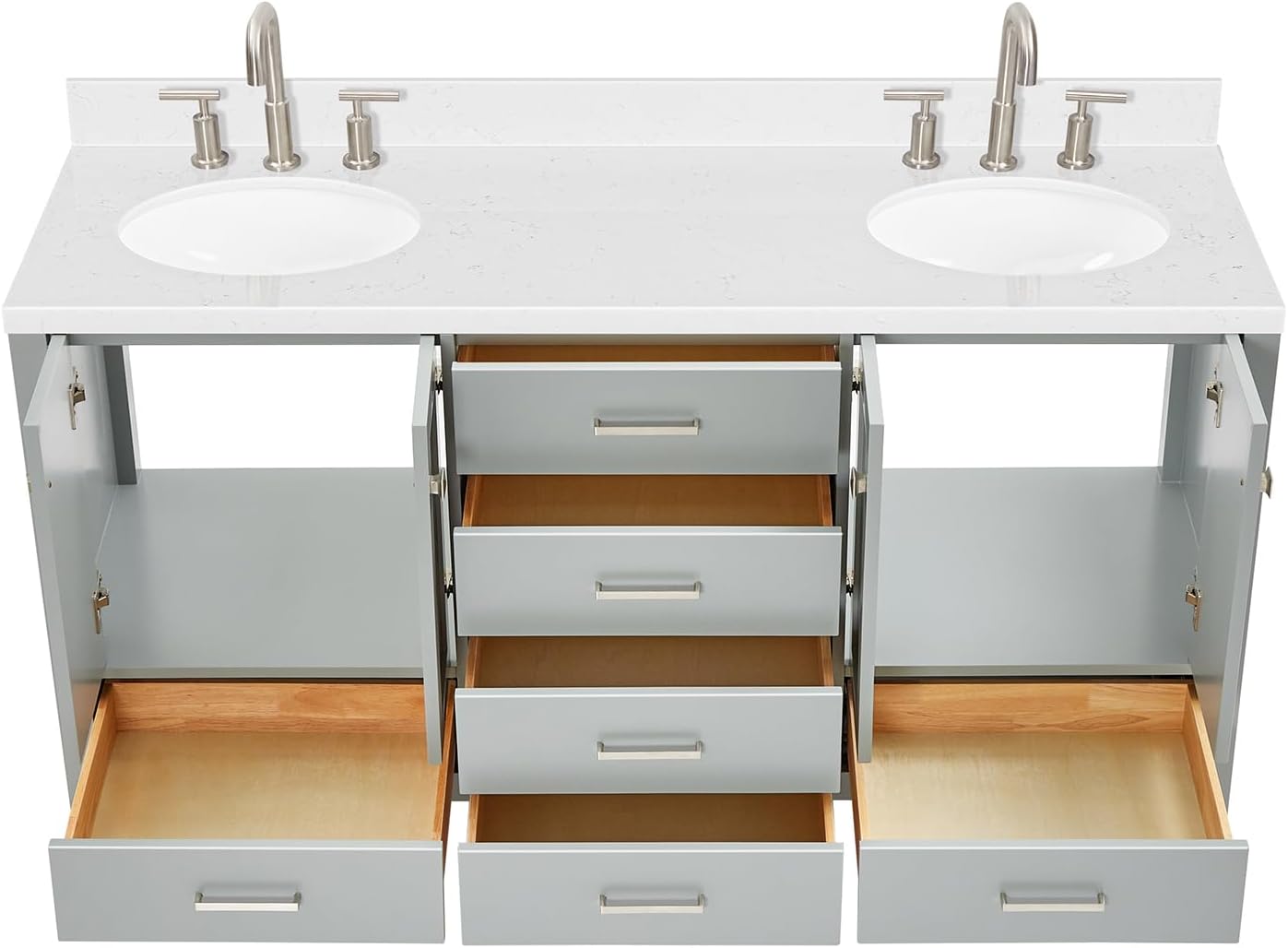 ARIEL Cambridge 66-inch Bathroom Vanity with Sink,Solid Wood, 1.5-inch Carrara White Quartz Countertop & Backsplash, Double Oval Porcelain Sink, 4 Soft Closing Doors, 6 Dovetail Drawers, Grey