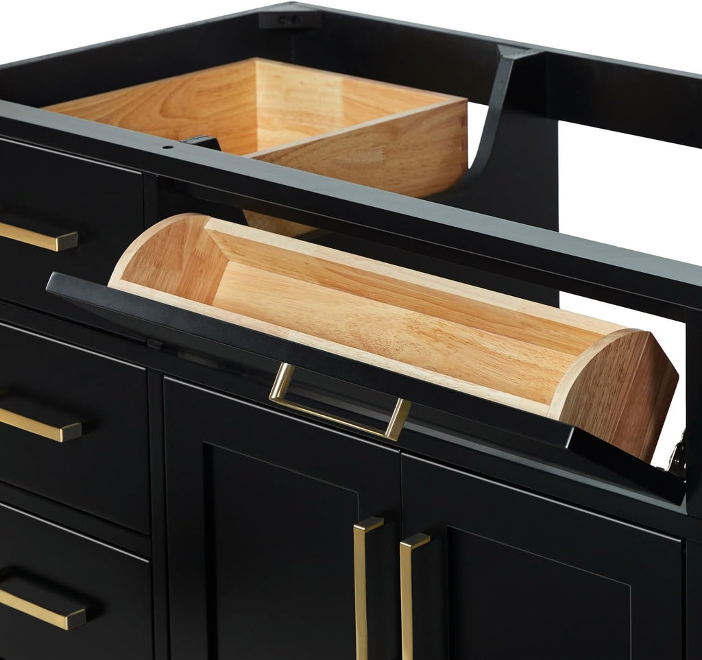ARIEL Hepburn 54-inch Bathroom Vanity Base Cabinet,Solid Wood, 2 Soft Closing Doors, 9 Dovetail Drawers, Black