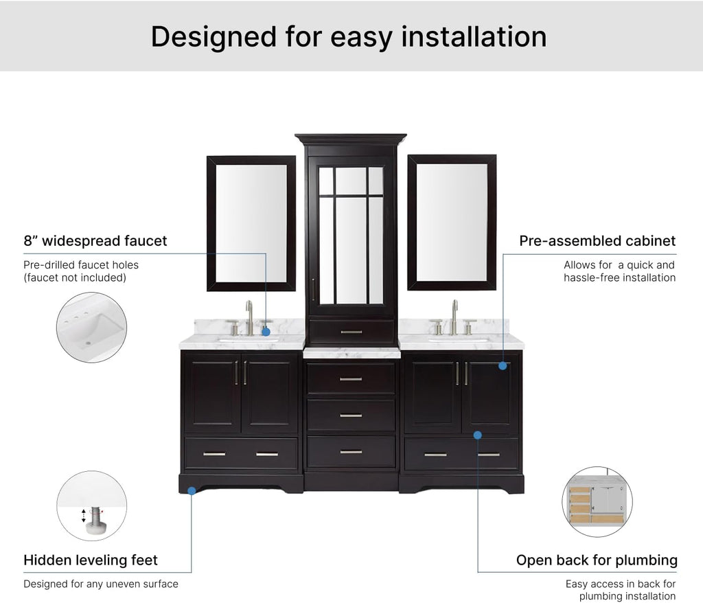 ARIEL Stafford 84-inch Bathroom Vanity with Sink,Solid Wood, 1.5-inch Italian Carrara Marble Countertop, Double Rectangular Porcelain Sink, 5 Soft Closing Doors, 6 Dovetail Drawers, Espresso
