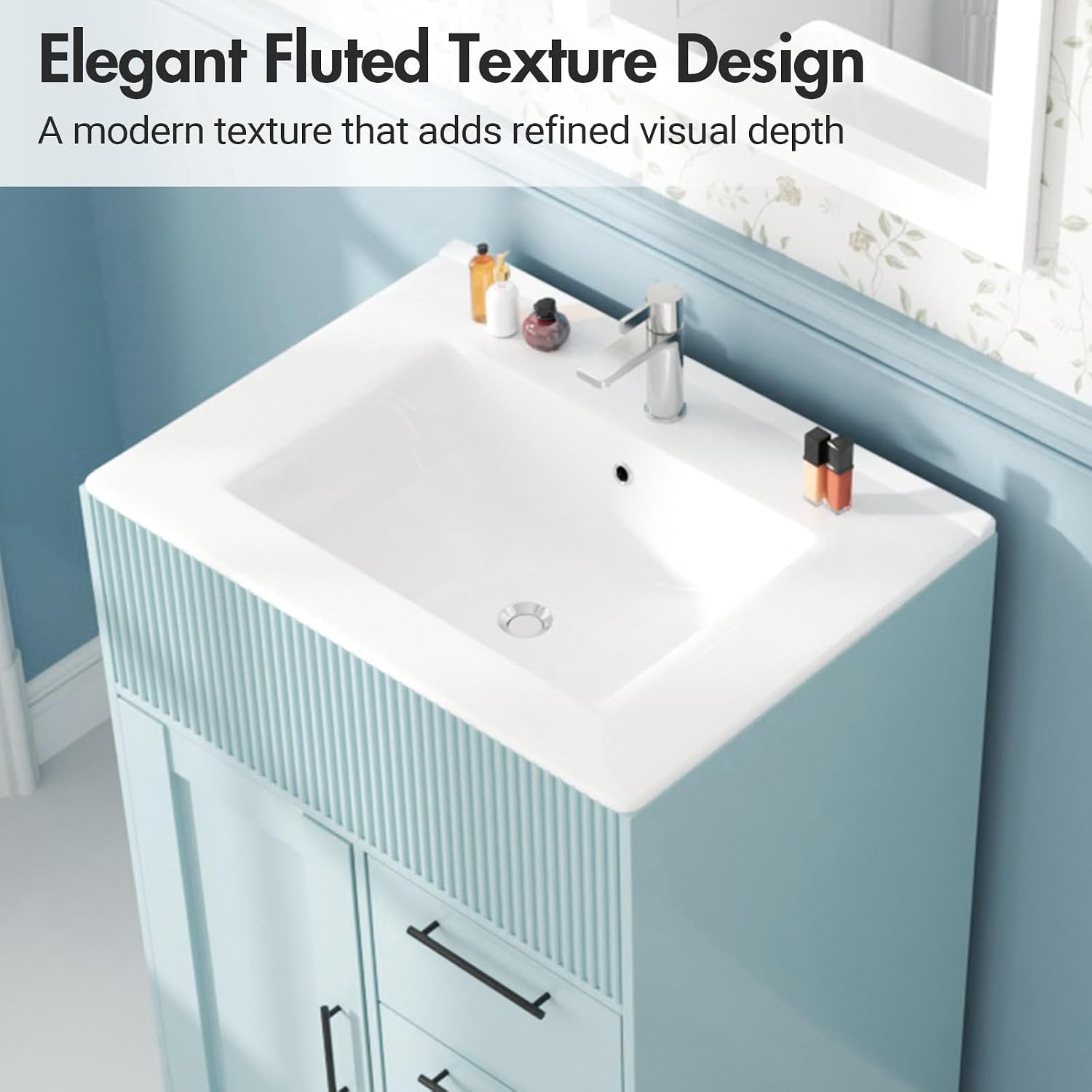 Kikihouse 24 Inch Bathroom Vanity with Sink, Freestanding Modern Bathroom Vanity Cabinet with Ceramic Basin, Single Sink Small Bathroom Vanity for Apartment (Blue, 24 inch)