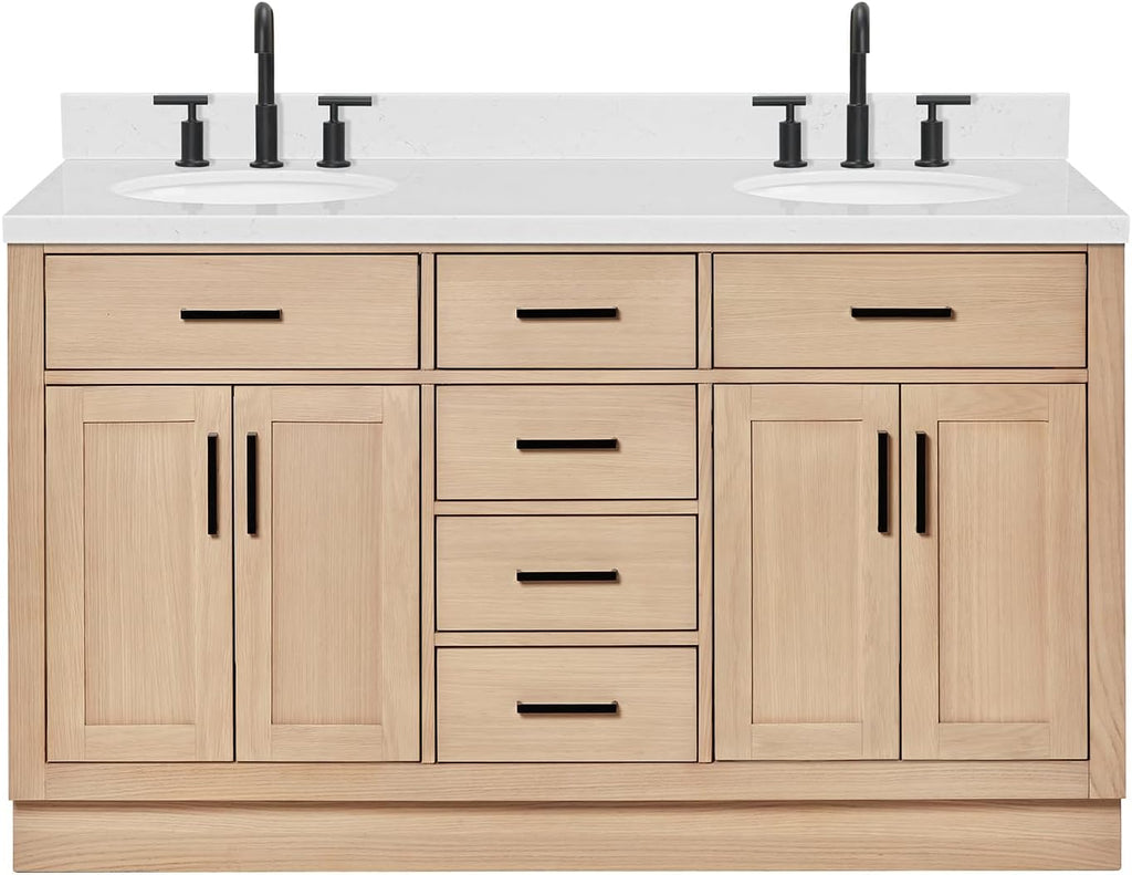 ARIEL Hepburn 60-inch Bathroom Vanity with Sink,Solid Wood, 1.5-inch Carrara White Quartz Countertop & Backsplash, Double Oval Porcelain Sink, 4 Soft Closing Doors, 6 Dovetail Drawers, White Oak