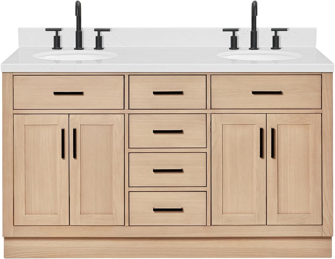ARIEL Hepburn 60-inch Bathroom Vanity with Sink,Solid Wood, 1.5-inch Carrara White Quartz Countertop & Backsplash, Double Oval Porcelain Sink, 4 Soft Closing Doors, 6 Dovetail Drawers, White Oak