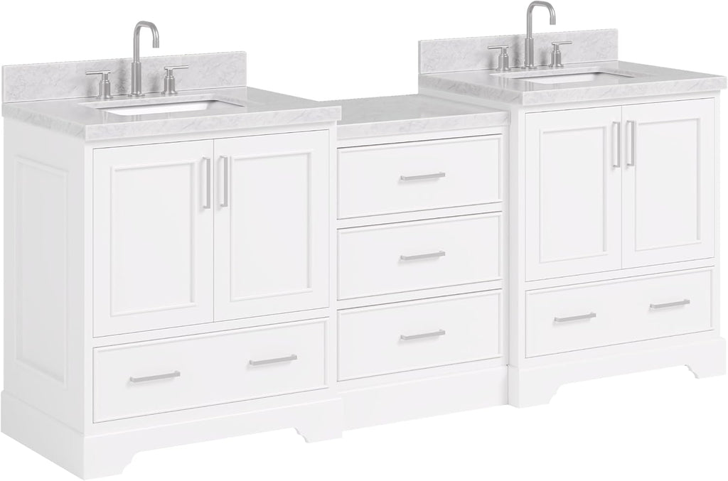 ARIEL Stafford 84-inch Bathroom Vanity with Sink,Solid Wood, 1.5in Italian Carrara Marble Countertop & Backsplash, Double Rectangular Porcelain Sink, 4 Soft Closing Doors, 5 Dovetail Drawers, White