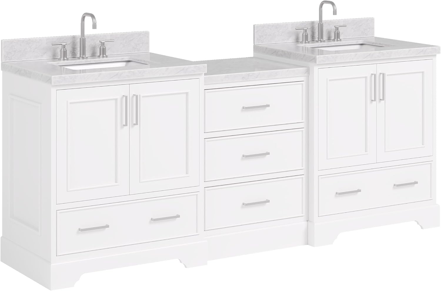 ARIEL Stafford 84-inch Bathroom Vanity with Sink,Solid Wood, 1.5in Italian Carrara Marble Countertop & Backsplash, Double Rectangular Porcelain Sink, 4 Soft Closing Doors, 5 Dovetail Drawers, White