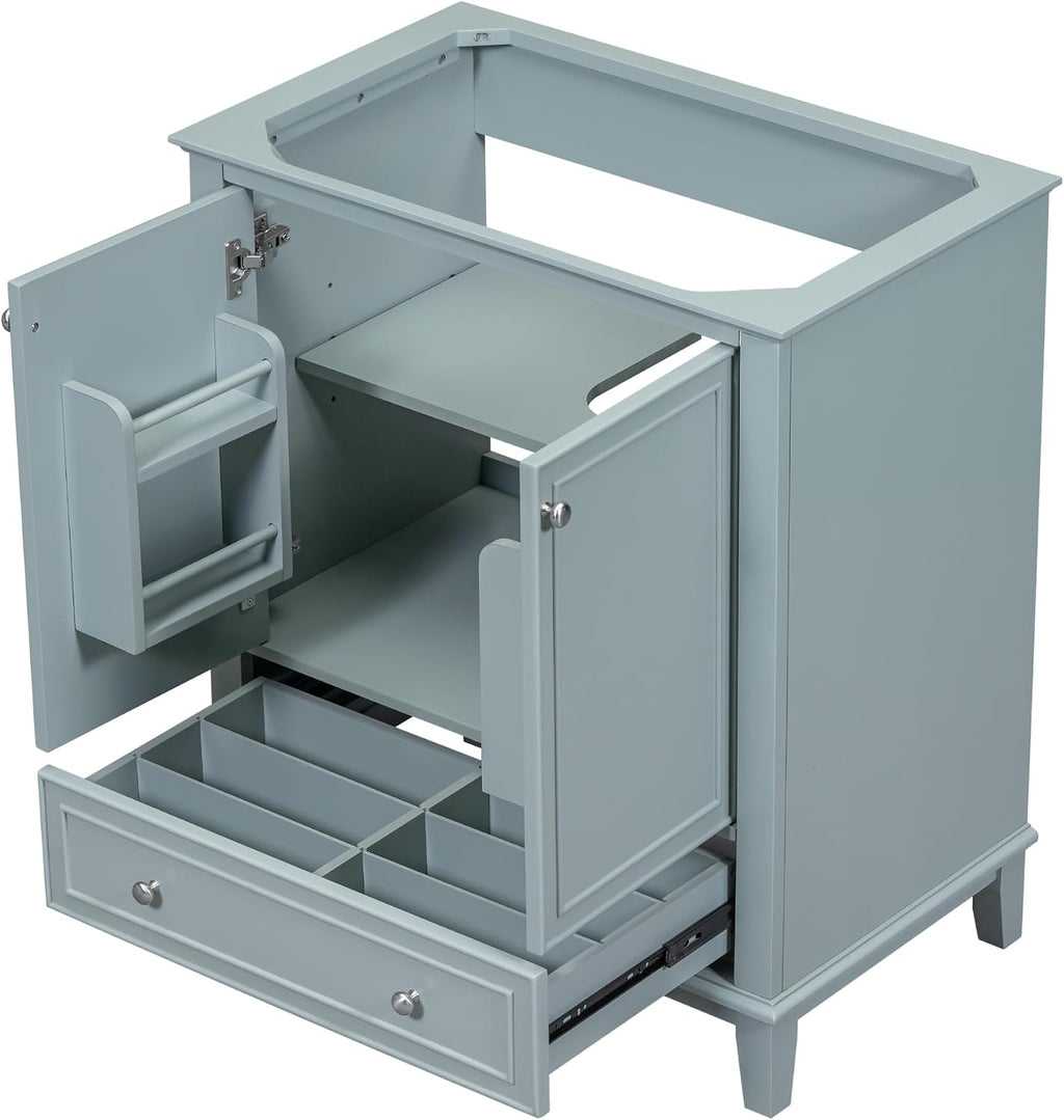 30' Bathroom Vanity Without Sink,Base Only,Solid Wood Cabinet Set with Doors and Drawer,Adjustable Shelf,Removable Panel,Easy to Install,Green