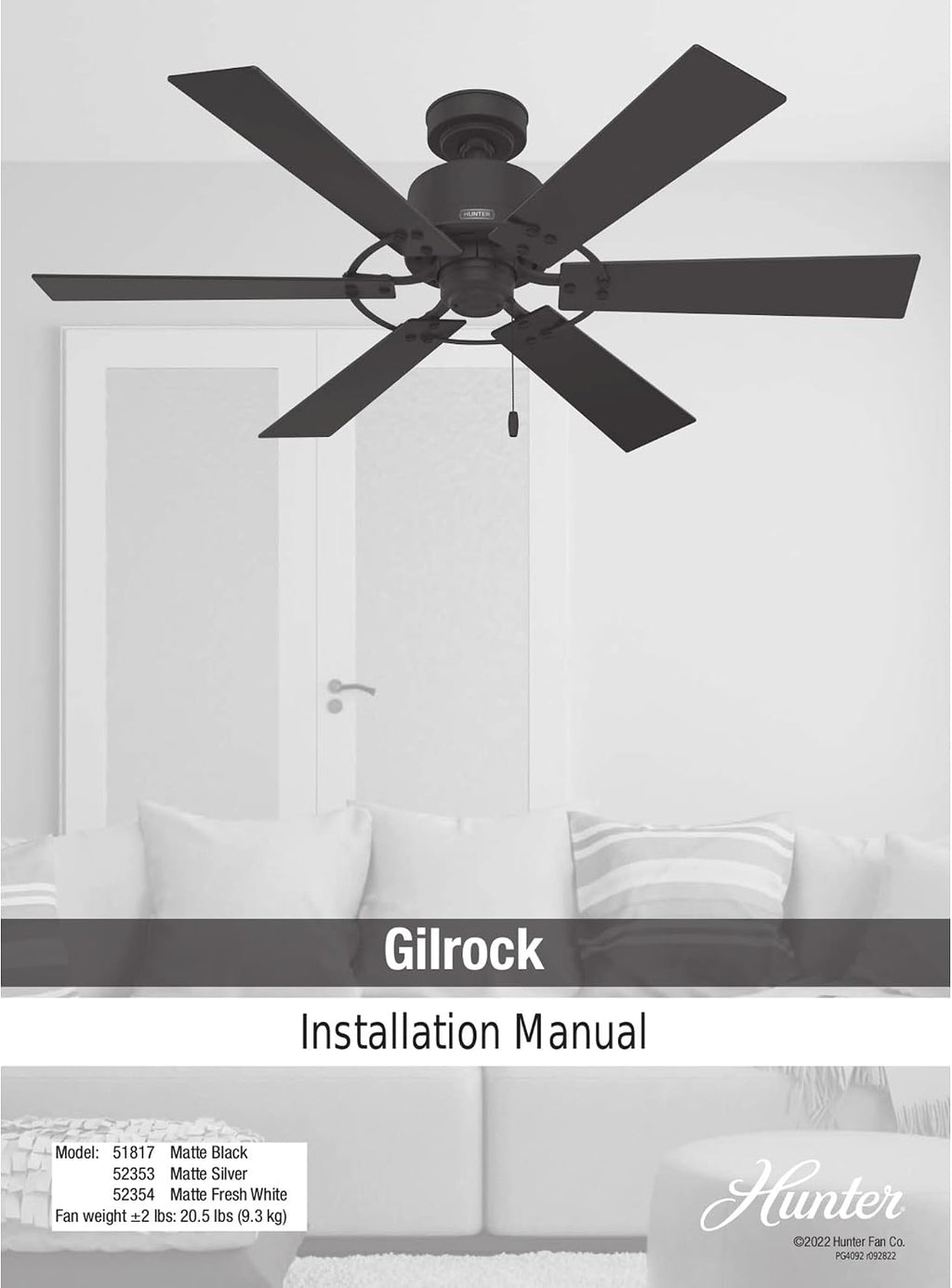 Hunter 52 inch Indoor Ceiling Fan No Light - Black Ceiling Fan without Light, 6 Blades, Standard Mount, For Bedroom, Living Room, or Kitchen, Pull Chain - Gilrock 51817, Matte Black