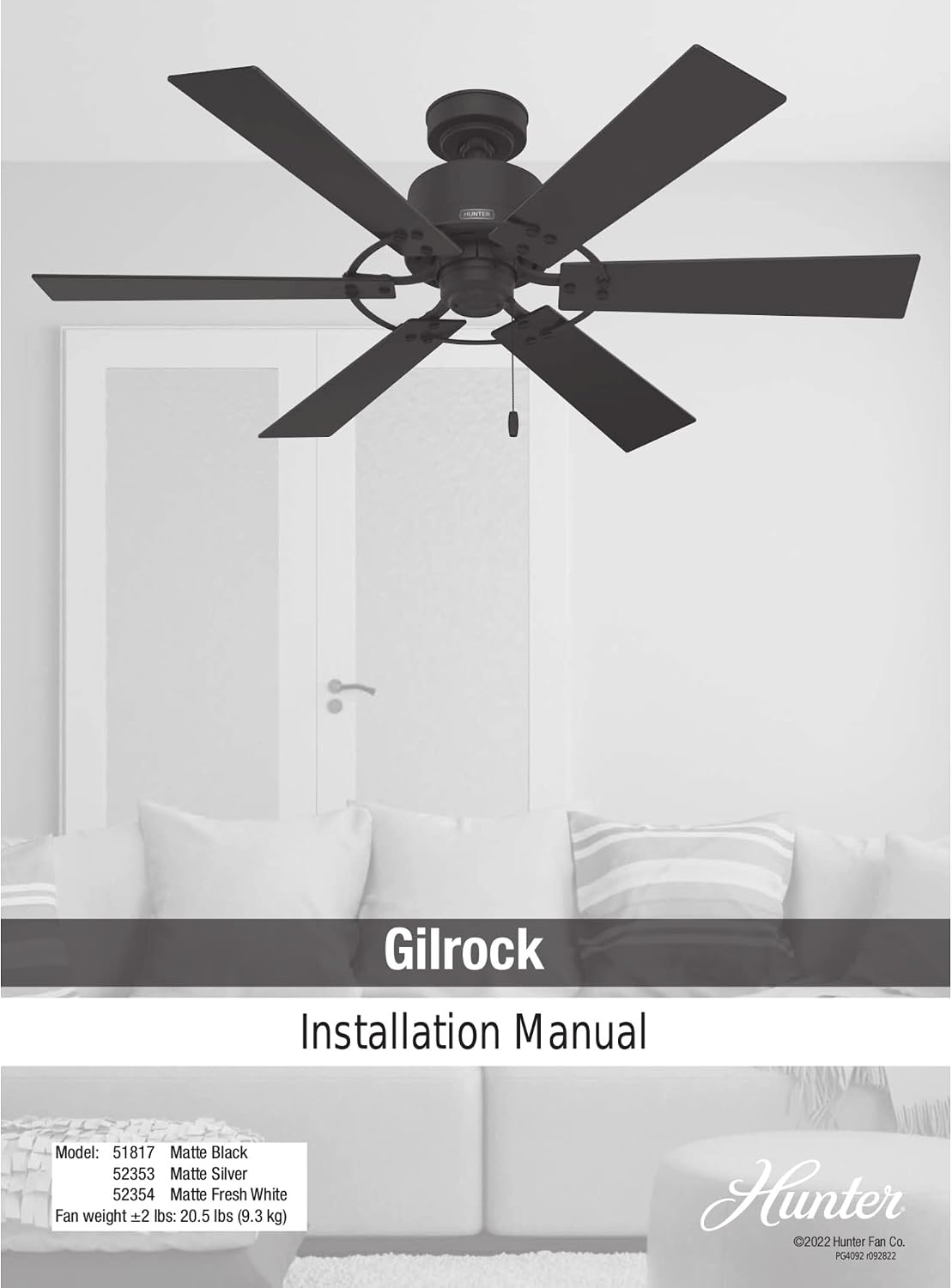 Hunter 52 inch Indoor Ceiling Fan No Light - Black Ceiling Fan without Light, 6 Blades, Standard Mount, For Bedroom, Living Room, or Kitchen, Pull Chain - Gilrock 51817, Matte Black