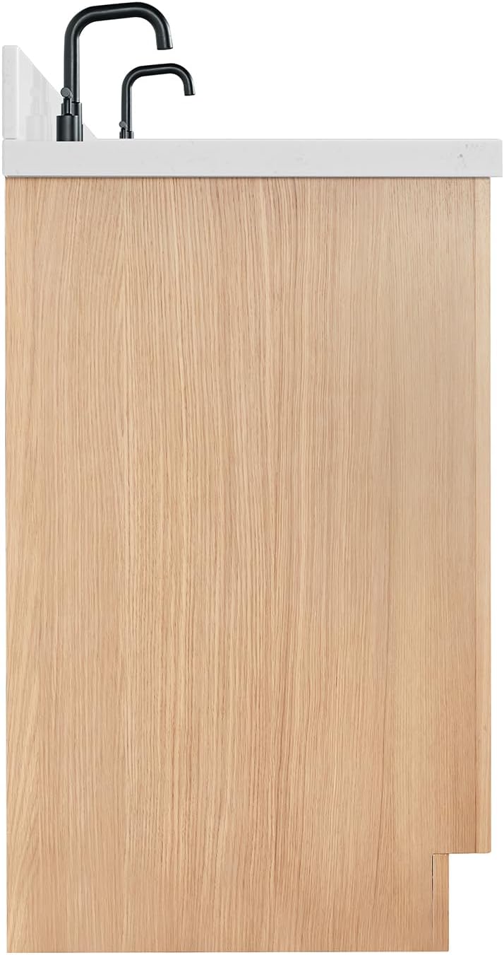 ARIEL Hepburn 60-inch Bathroom Vanity with Sink,Solid Wood, 1.5-inch Carrara White Quartz Countertop & Backsplash, Double Oval Porcelain Sink, 4 Soft Closing Doors, 6 Dovetail Drawers, White Oak