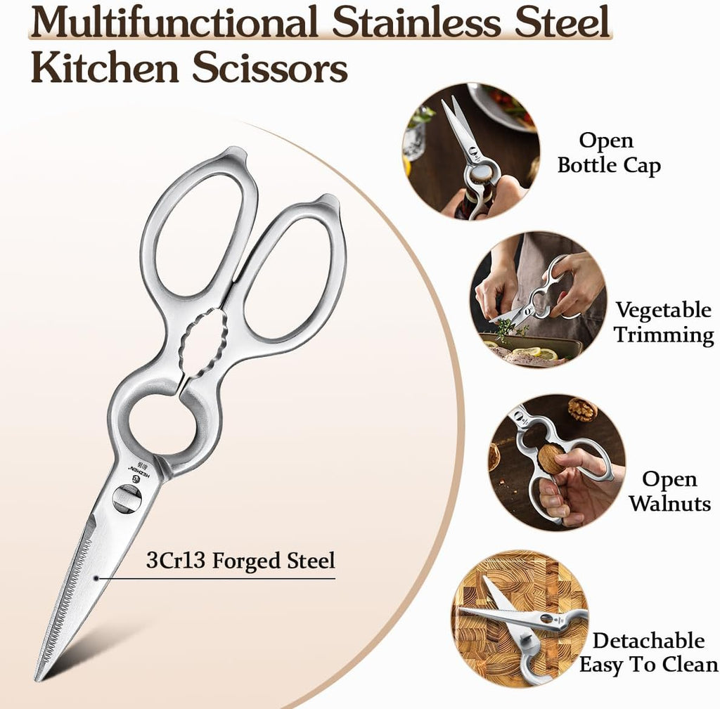 HEZHEN 7PCS Kitchen Knives Set - Professional Forging Damascus High Carbon Steel Chef Knife, Santoku, Bread, Utility, Fruit Knives & Multifunctional Kitchen Scissors - 6Slot Black Walnut Block