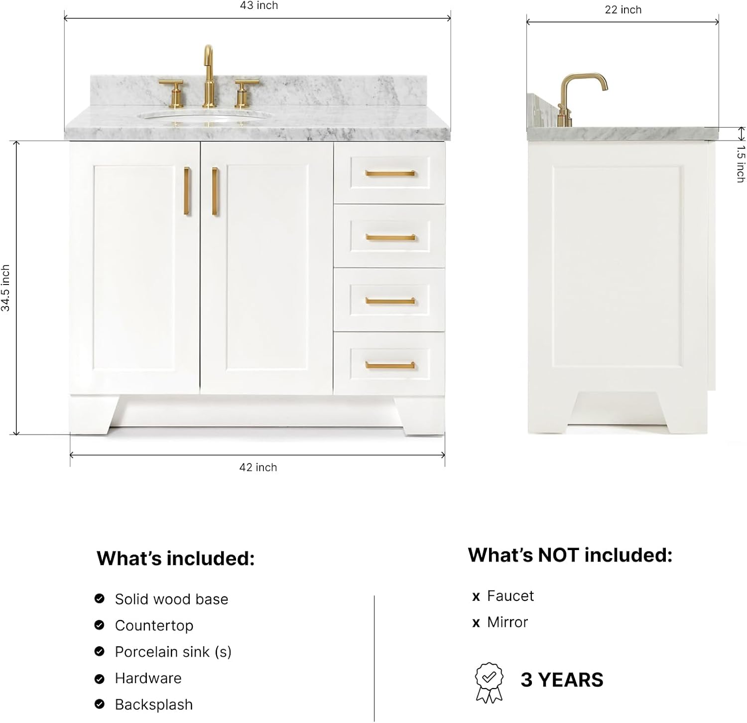 ARIEL Taylor 42-inch Bathroom Vanity with Sink,Solid Wood, 1.5-inch Italian Carrara Marble Countertop & Backsplash, Single Oval Porcelain Sink, 2 Soft Closing Doors, 5 Dovetail Drawers, White