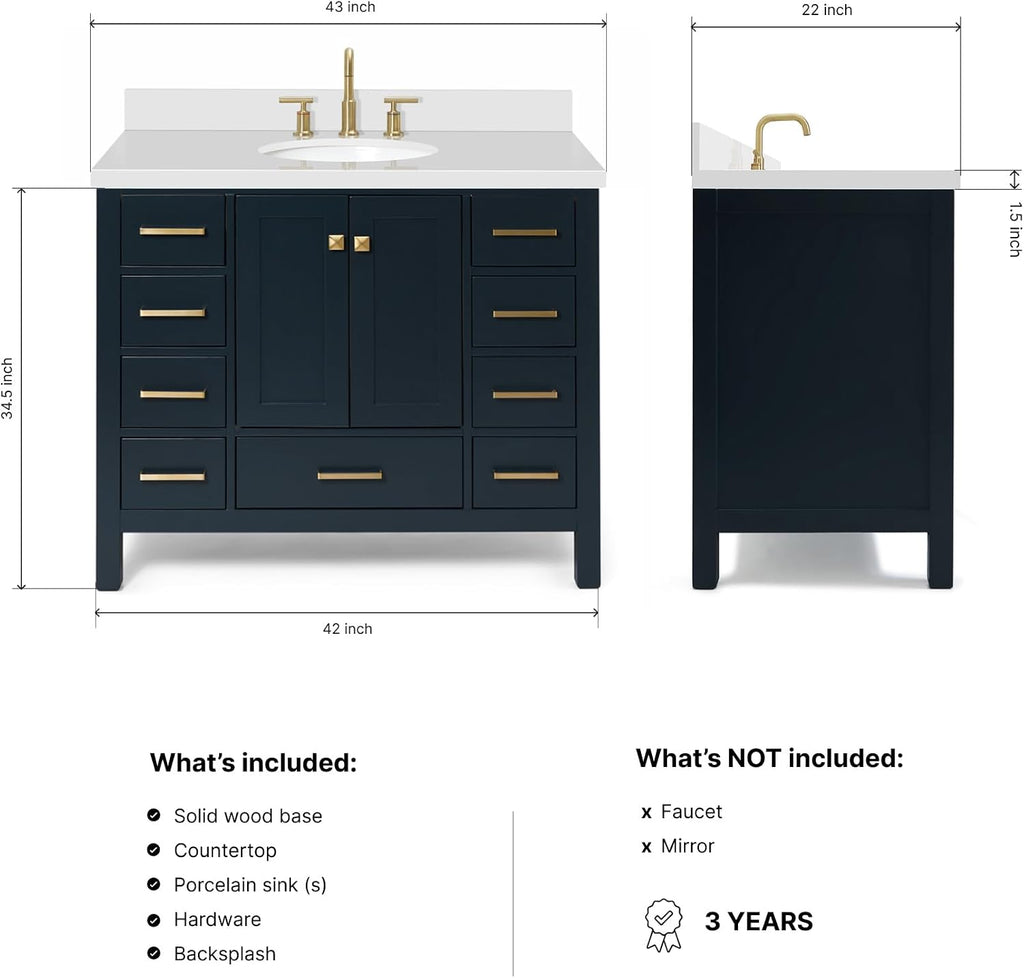 DKB Beckford 42-Inch Midnight Blue Bathroom Vanity with Sink, Solid Wood Cabinet, 1.5' Quartz Countertop & Backsplash, Oval Sink, 2 Soft Closing Doors, 9 Drawers, Brushed Nickel Hardware