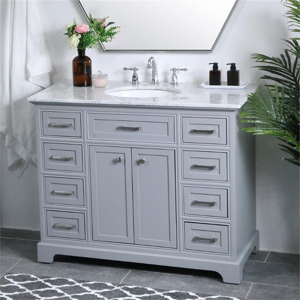 Pemberly Row 42' Single Bathroom Vanity, Solid Wood Base, Light Gray Finish, Carrara Marble Top, Undermount Porcelain Sink, 8 Drawers, 2 Door Cabinet, Free-Standing Design, Contemporary Style for