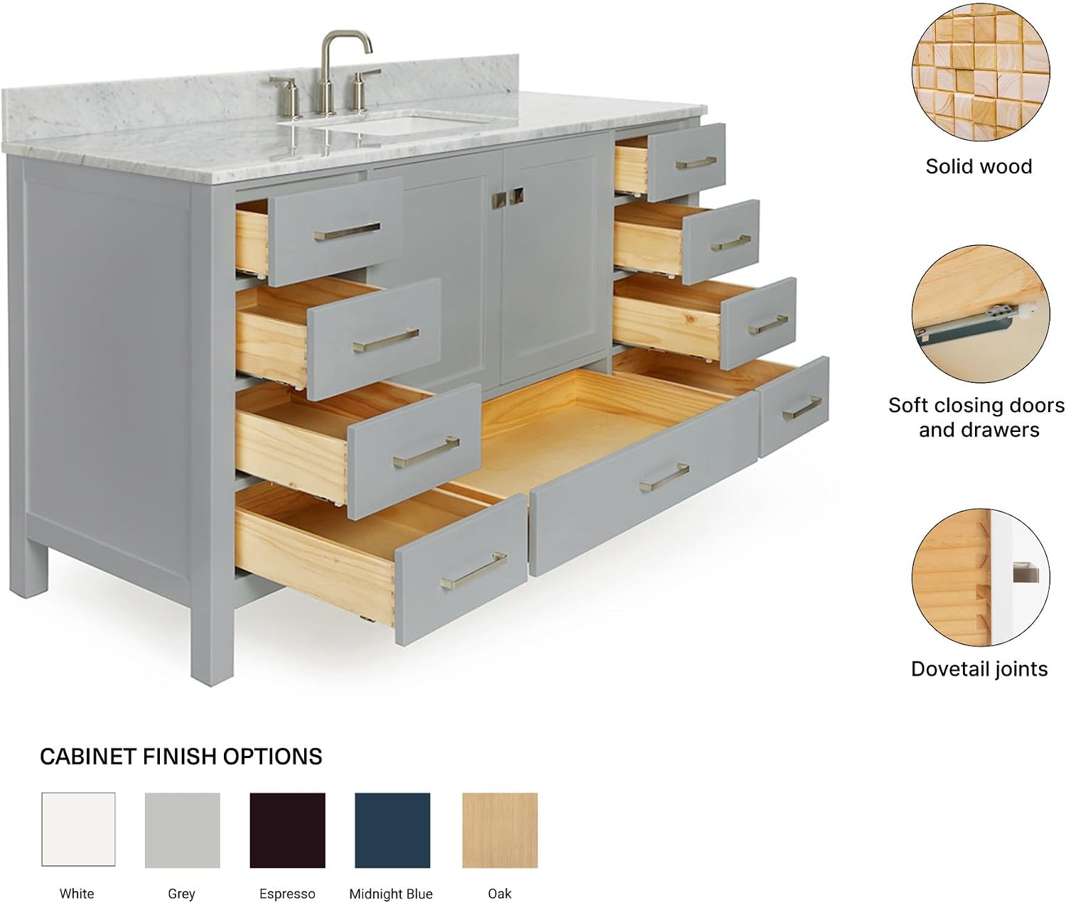 ARIEL Cambridge 60-inch Bathroom Vanity with Sink,Solid Wood, 0.75-inch Italian Carrara Marble Countertop, Single Rectangular Porcelain Sink, 2 Soft Closing Doors, 9 Dovetail Drawers, Grey