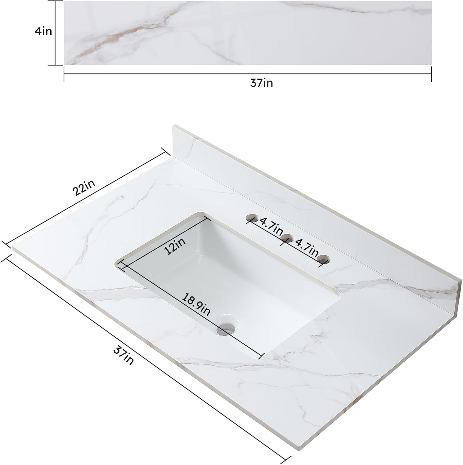 37 Inch Bathroom Vanity Top with Undermounted Large Ceramic Sink & Backsplash, Sintered Stone Artificial Marble Vanity Sink Tops with 3 hole, Carrara Gold