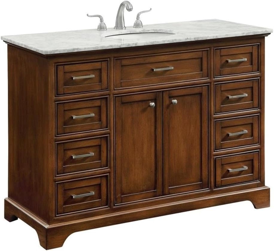 Pemberly Row Contemporary 48' Wood Single Bathroom Vanity, Brown Teak Finish, Italian Carrara Marble Top, Oval Porcelain Undermount Sink, Free-Standing Design, 8 Drawers, 2 Doors, Bathroom Essential