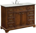 Pemberly Row Contemporary 48' Wood Single Bathroom Vanity, Brown Teak Finish, Italian Carrara Marble Top, Oval Porcelain Undermount Sink, Free-Standing Design, 8 Drawers, 2 Doors, Bathroom Essential