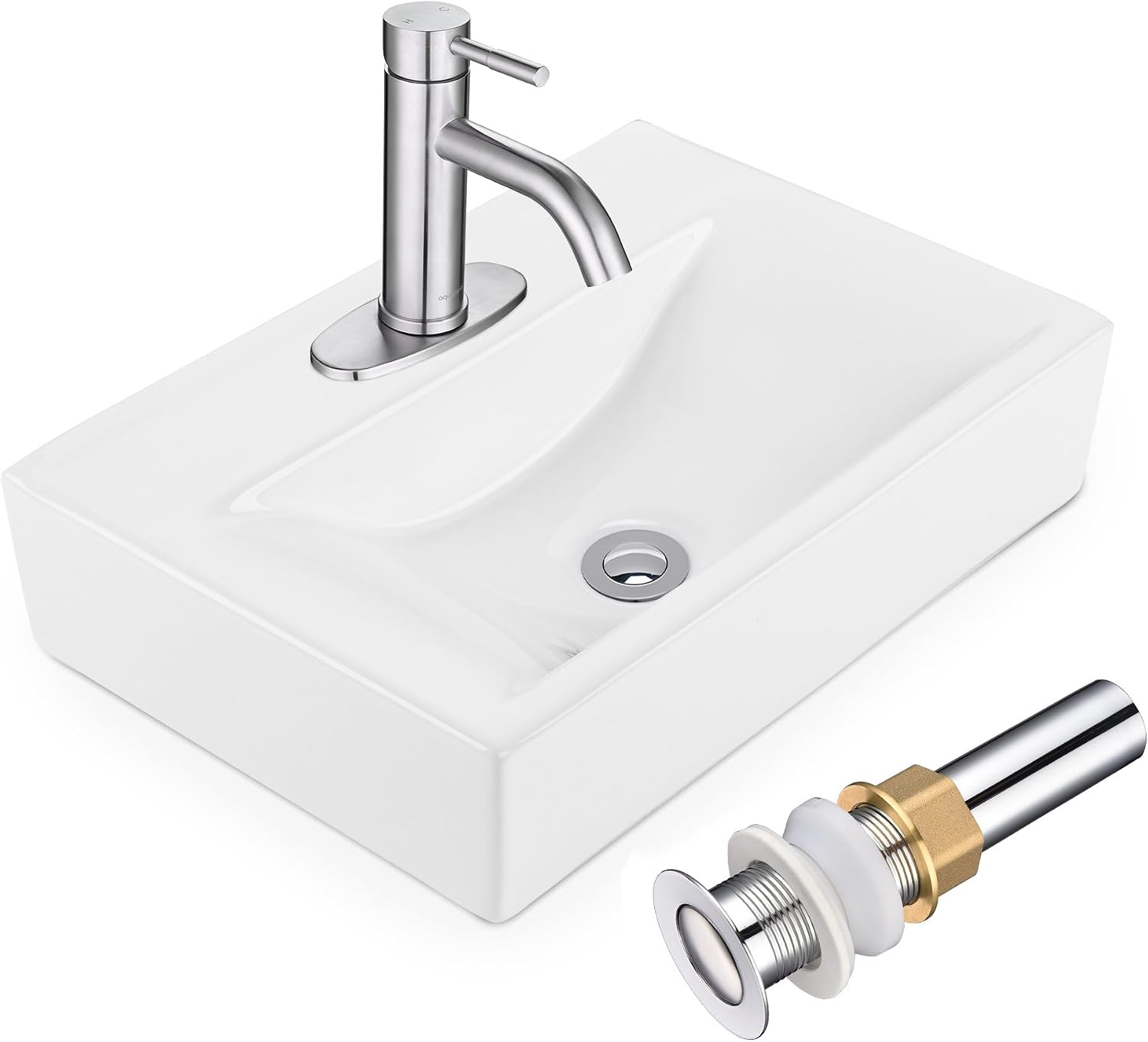 Aquaterior Porcelain Bathroom Vessel Sink 18'x12' with Brushed Nickel Single Handle Bathroom Faucet Pop-up Drain Combo Rectangle Above Counter Vanity Basin Minimalist Modern