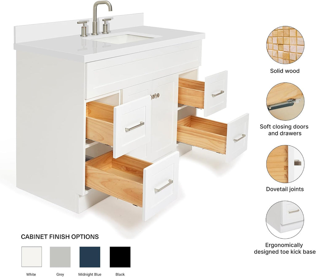 ARIEL Hamlet 48-inch Bathroom Vanity with Sink,Solid Wood, 1.5-inch Pure White Quartz Countertop & Backsplash, Single Rectangular Porcelain Sink, 2 Soft Closing Doors, 4 Dovetail Drawers, White