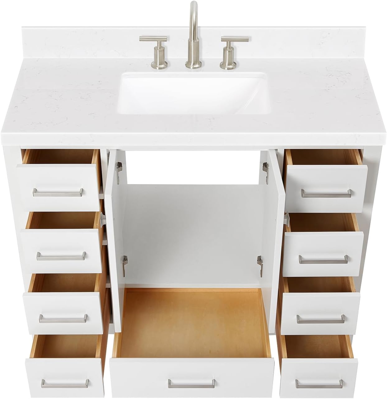 ARIEL Cambridge 42-inch Bathroom Vanity with Sink,Solid Wood, 1.5-inch Carrara White Quartz Countertop, Single Rectangular Porcelain Sink, 2 Soft Closing Doors, 9 Dovetail Drawers, White