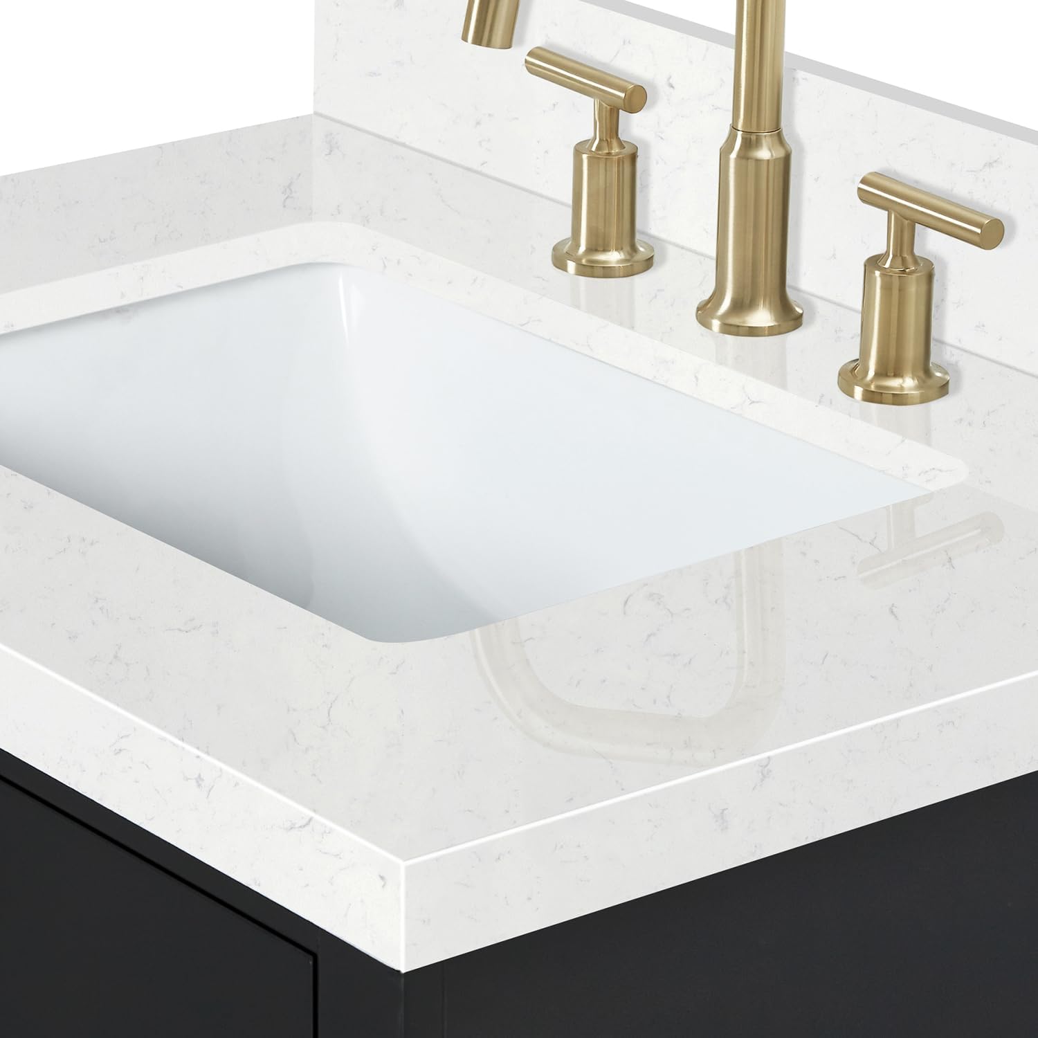 ARIEL Hepburn 30-inch Bathroom Vanity with Sink,Solid Wood, 1.5-inch Carrara White Quartz Countertop & Backsplash, Single Rectangular Porcelain Sink, 2 Soft Closing Doors, 1 Dovetail Drawers, Black