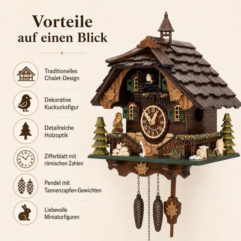 Cuckoo-Palace Saint Bernard Chalet Cuckoo Clock – 32 cm Quartz Clock, Traditional Black Forest House Design, Brown