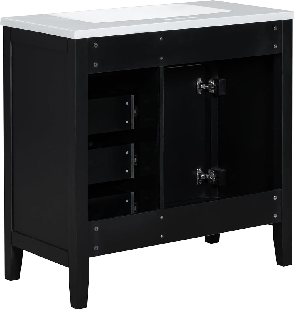 LUMISOL 36 Inch Bathroom Vanity with Ceramic Sink, Solid Wood Bathroom Storage Cabinet with 3 Drawers & 2 Soft-Close Doors, Freestanding Vanity with Sink Combo Set, Black