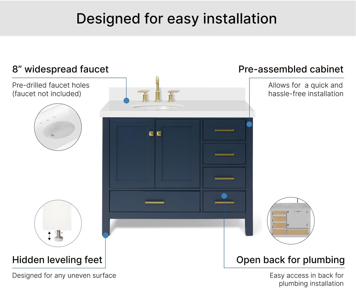 ARIEL Cambridge 42-inch Bathroom Vanity with Sink,Solid Wood, 1.5-inch Pure White Quartz Countertop & Backsplash, Single Oval Porcelain Sink, 2 Soft Closing Doors, 5 Dovetail Drawers, Midnight Blue
