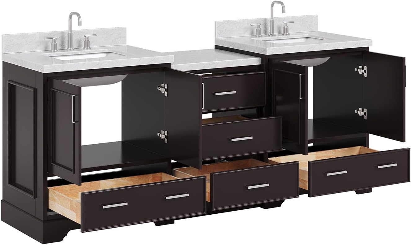 ARIEL Stafford 84-inch Bathroom Vanity with Sink,Solid Wood, 1.5in Italian Carrara Marble Countertop, Double Rectangular Porcelain Sink, 4 Soft Closing Doors, 5 Dovetail Drawers, Espresso