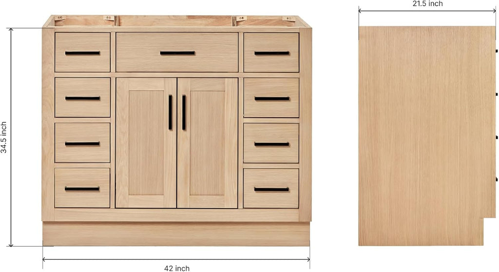 ARIEL Hepburn 42-inch Bathroom Vanity Base Cabinet,Solid Wood, 2 Soft Closing Doors, 9 Dovetail Drawers, White Oak
