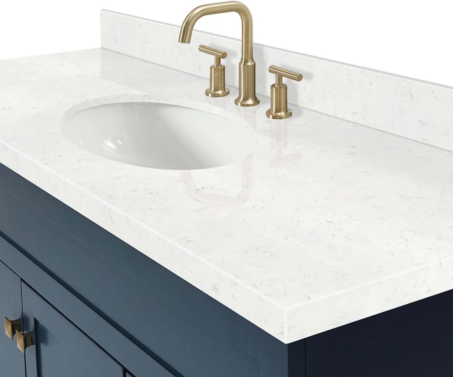 ARIEL Hamlet 60-inch Bathroom Vanity with Sink,Solid Wood, 1.5-inch Carrara White Quartz Countertop & Backsplash, Single Oval Porcelain Sink, 2 Soft Closing Doors, 4 Dovetail Drawers, Midnight Blue