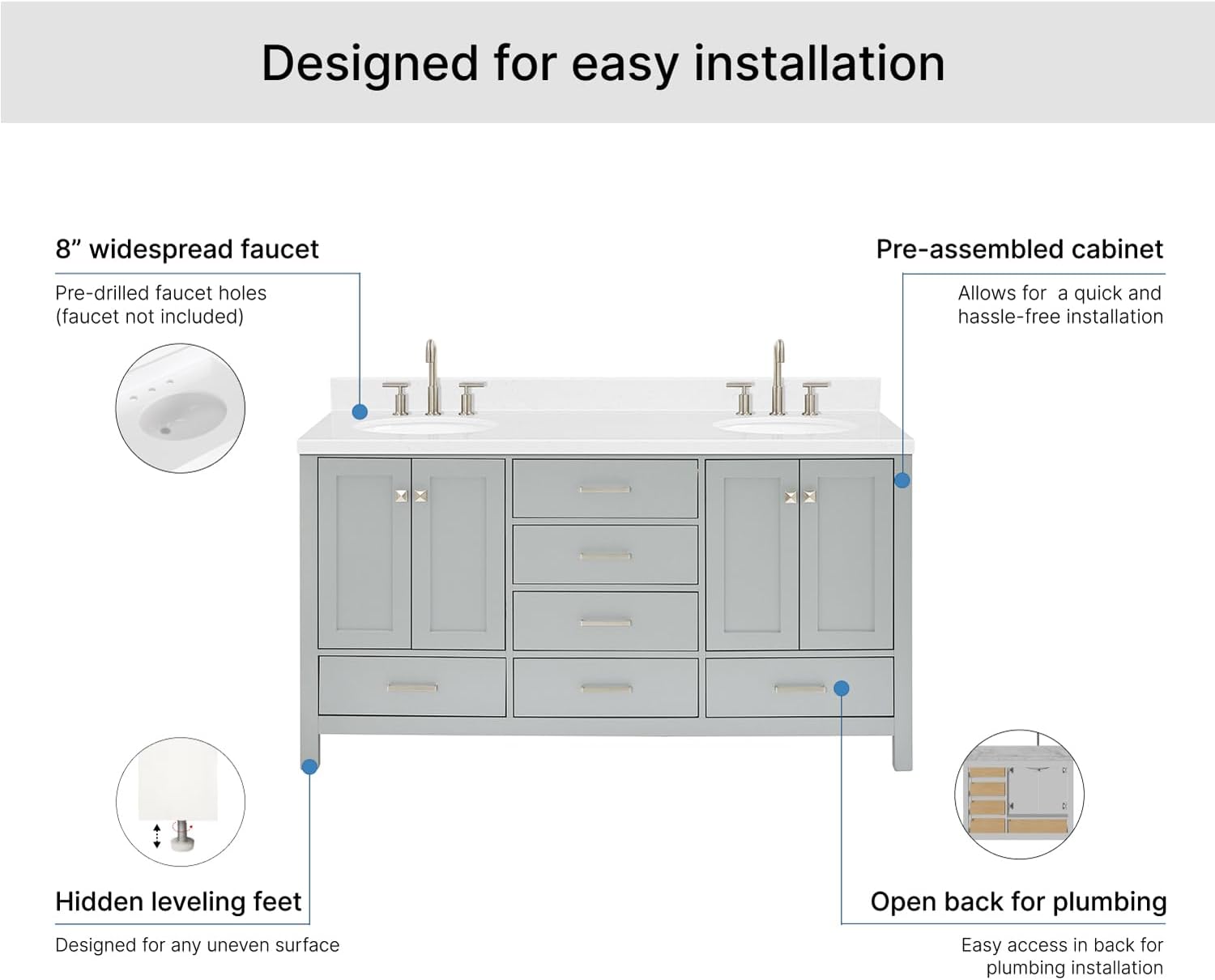 ARIEL Cambridge 66-inch Bathroom Vanity with Sink,Solid Wood, 1.5-inch Carrara White Quartz Countertop & Backsplash, Double Oval Porcelain Sink, 4 Soft Closing Doors, 6 Dovetail Drawers, Grey