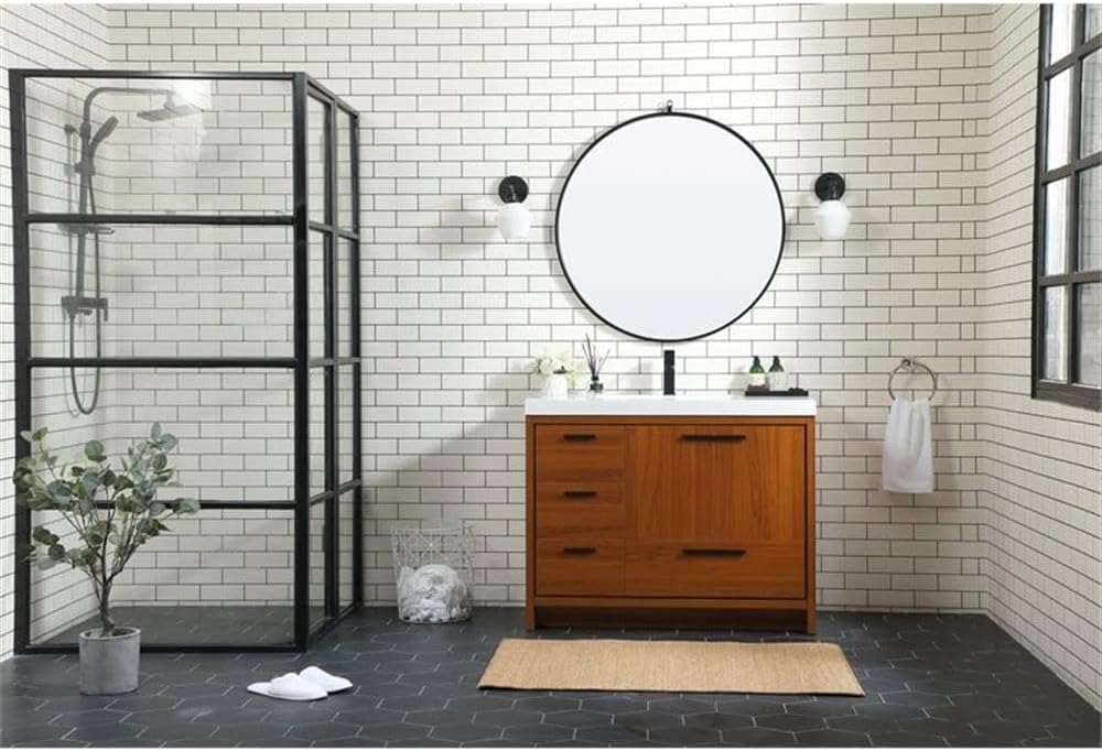 Pemberly Row 42' Aluminum Alloy and MDF Bathroom Vanity, Teak Finish, White Resin Countertop with Integrated Sink, Soft-Close Doors and Drawer, Modern Space-Saving Design for Bathrooms or Powder Rooms