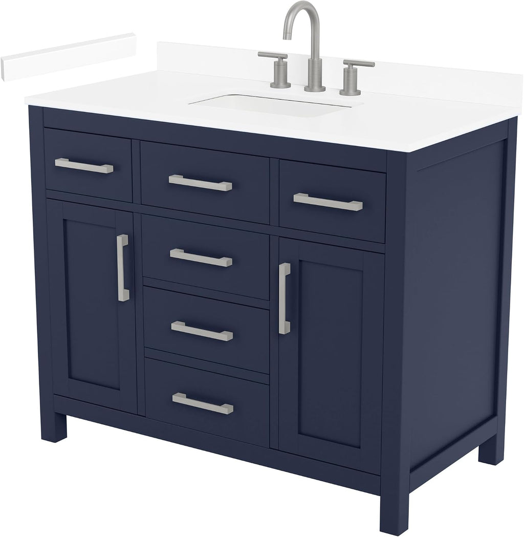 Wyndham Collection Beckett 42 Inch Single Bathroom Vanity in Dark Blue, White Cultured Marble Countertop, Undermount Square Sink (3-Hole), Brushed Nickel Trim